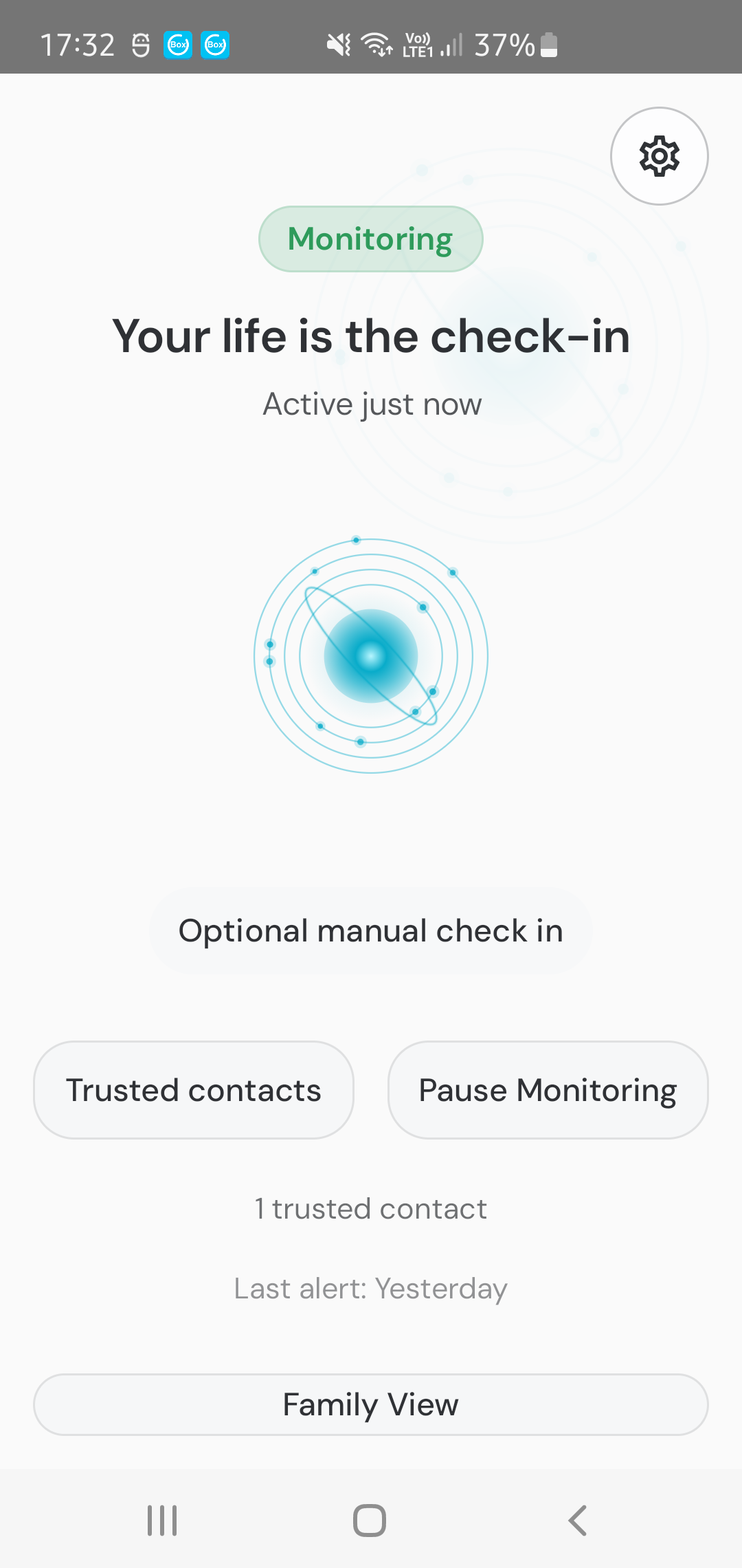 POLApp home screen showing quiet active check-in status